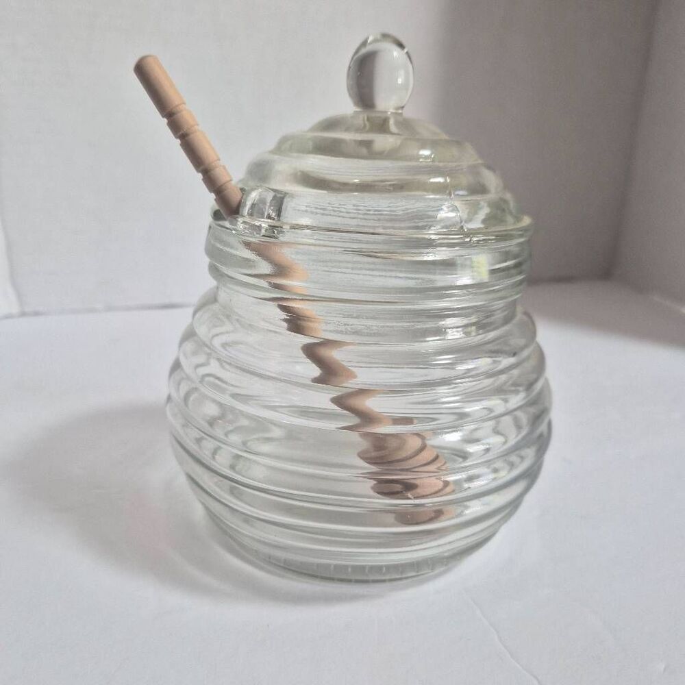 NWOT Glass Honey Jar w/ Wooden Dipper: Farmhouse Decor Brunch Kitchen Cottage
